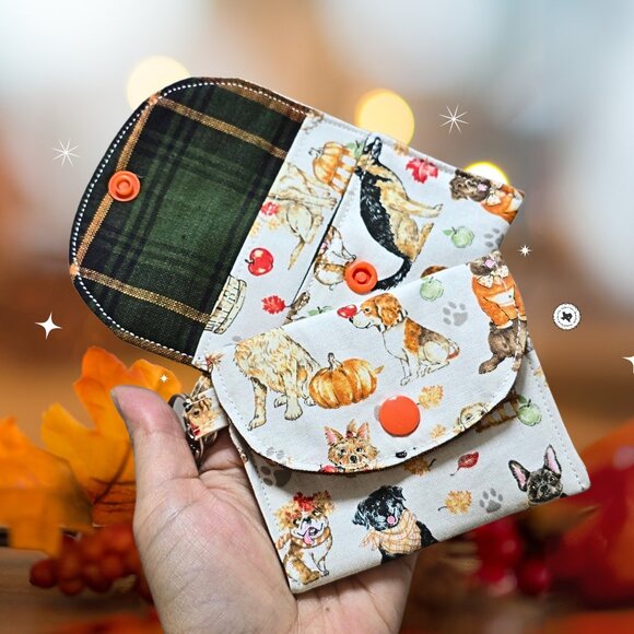 Mini Bag Charm Card Wallet | Attachable Keyring Pouch | Handmade Autumn Paws Dog - Picture 1 of 7
